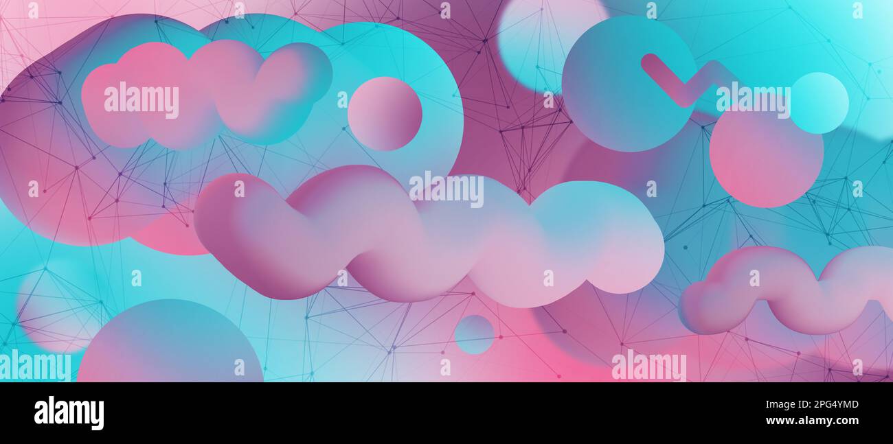 Trendiger spektraler Hintergrund mit holographischen flüssigen Elementen und dreieckigem vieleckigem Netz. Vorlage für abstraktes Grafikdesign in zeitgenössischer Vapor Wave Stockfoto