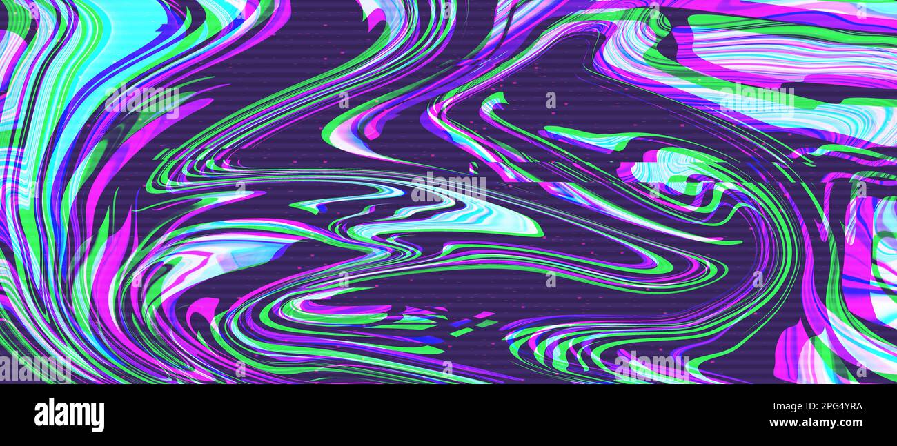 Abstrakter kreativer Hintergrund mit moderner Flüssiglackierung und VHS-Glitch-Artefakten. Holographische Synthwellendarstellung. Stockfoto