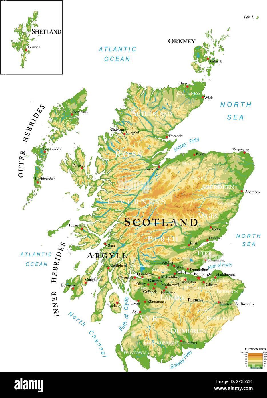 Sehr detaillierte physische Karte von Schottland, im Vektorformat, mit allen Reliefformen, Regionen und Großstädten. Stock Vektor