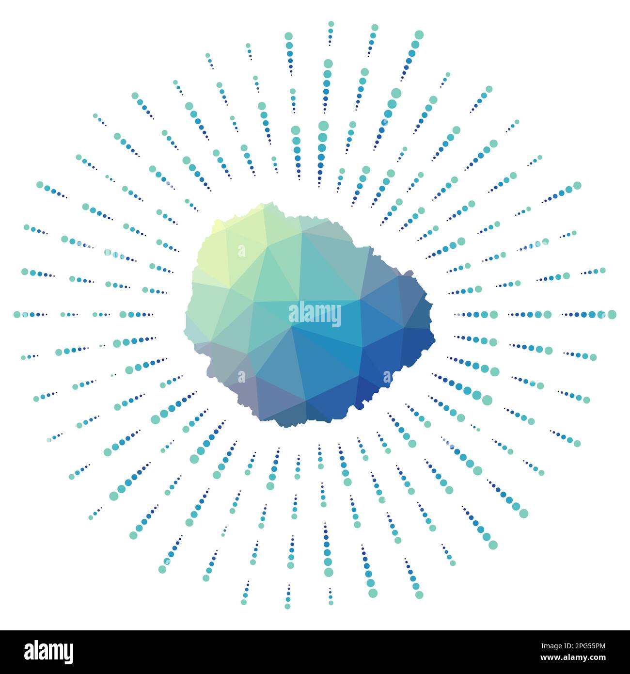 Die Form von La Gomera, polygonaler Sonnenaufgang. Karte der Insel mit bunten Sternrochen. La Gomera Illustration in Digital, Technologie, Internet, Netzwerk st Stock Vektor