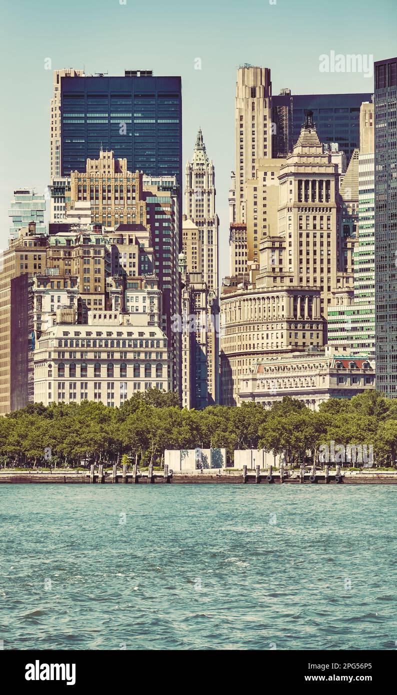 Manhattan Hudson River Ufer, Farbtönung angewendet, New York City, USA. Stockfoto