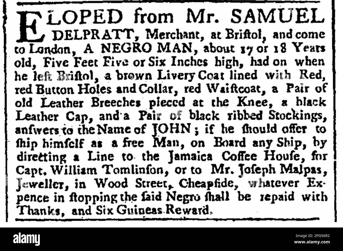 SAMUEL DELPRATT (1729-1783), in Bristol geborener Sklavenhändler und Eigentümer von Anwesen in Jamaika. Ein "Hue and Cry" -Hinweis für die Gefangennahme eines seiner Sklaven. Stockfoto