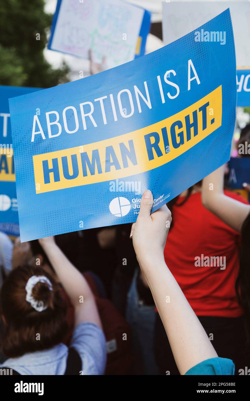 „Abtreibung ist ein Menschenrecht“-Schild bei der Abtreibungsrechtrundfahrt, Washington Square, New York City, New York, USA Stockfoto