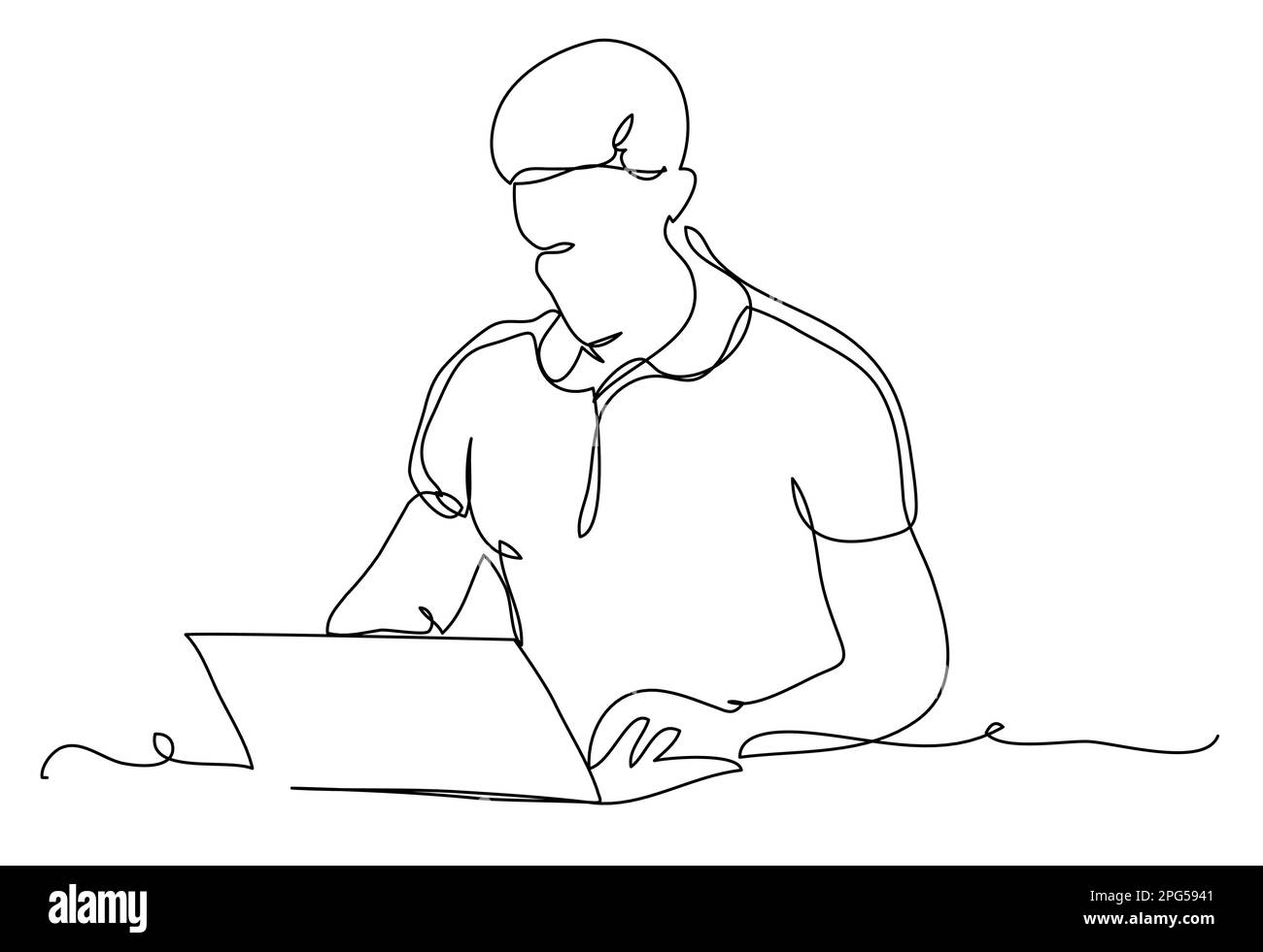 Der Typ arbeitet am Laptop in einer Zeile auf weißem Hintergrund. Stock Vektor