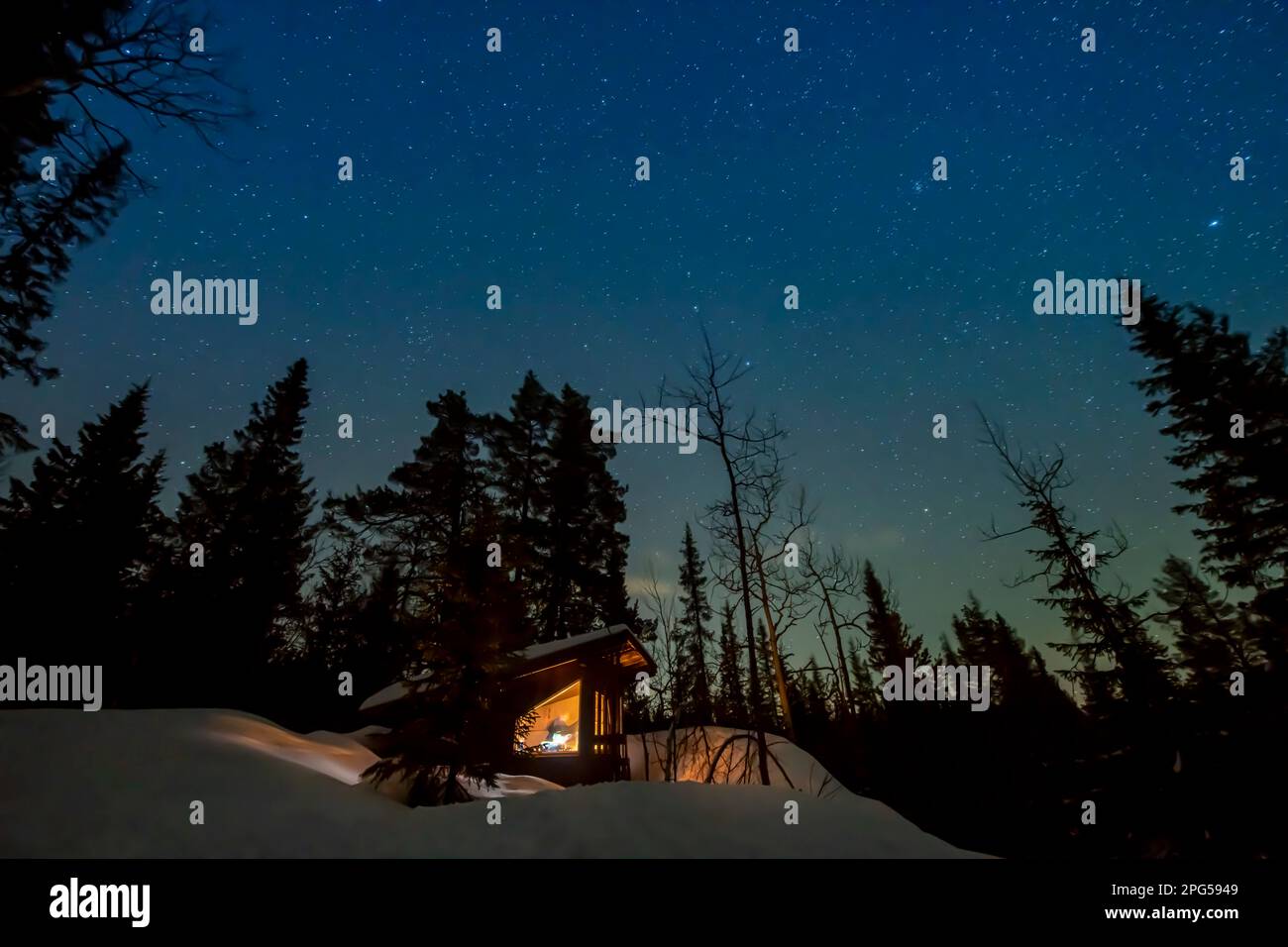 Sterne über einer abgelegenen Hütte im Schnee in einem Wald in Norwegen Stockfoto