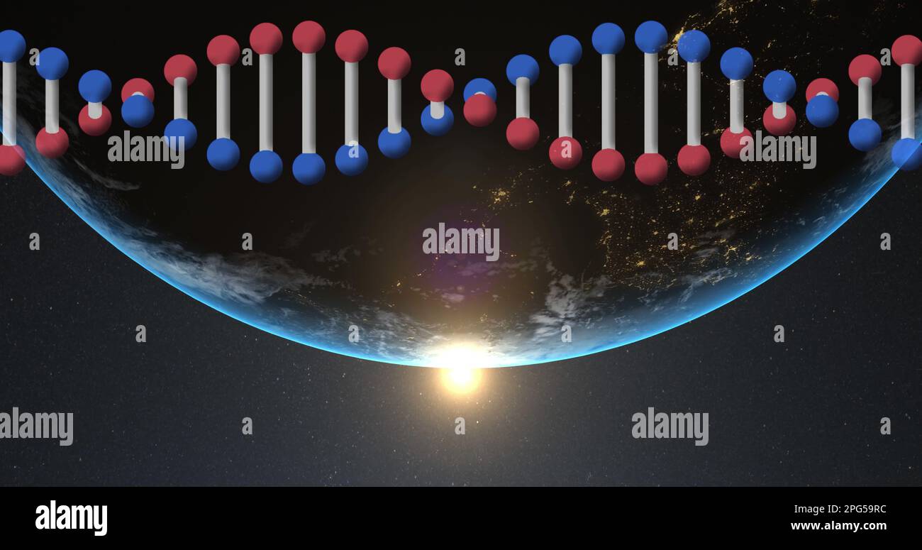 Bild eines dns-Strangs, der sich über den Globus dreht Stockfoto