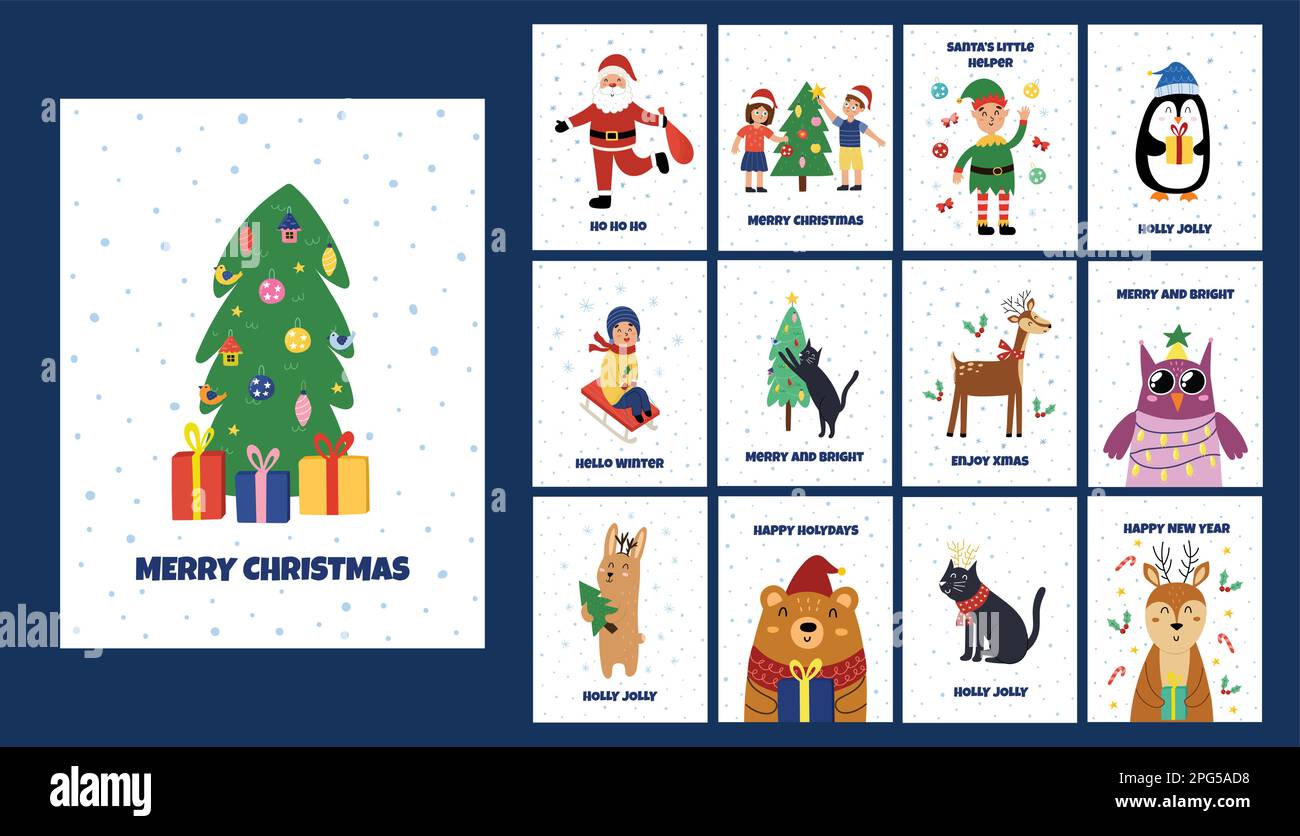 Weihnachtsgrußkarten Set mit süßen Wintertieren, Kindern, Weihnachtsmann. Weihnachts-Anhänger-Paket Stock Vektor