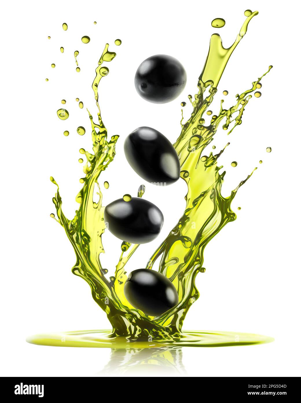 Schwarze Oliven fallen in Olivenöl mit einem Spritzer, isoliert auf weißem Hintergrund Stockfoto