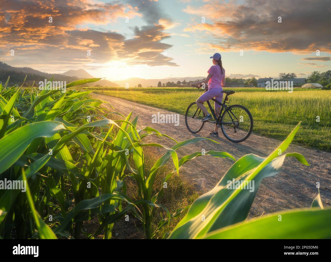 Frau auf Mountainbike auf Schotterstraße bei Sonnenuntergang im Sommer Stockfoto