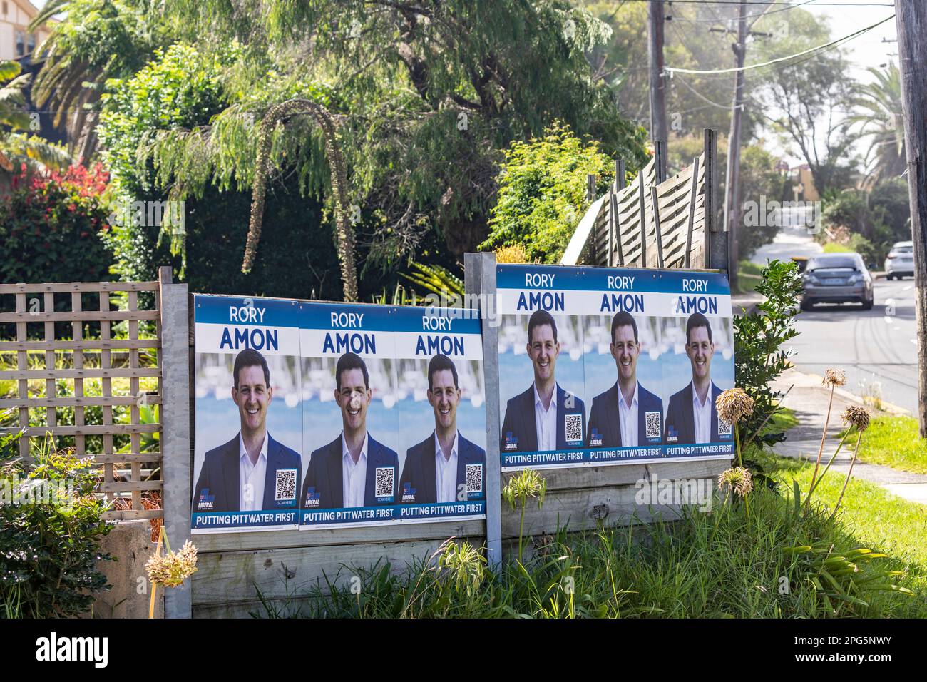 New South Wales State elections 2023, politische Kandidaten in Pittwater Sydney bewerben ihre Kampagne mit Plakaten und Plakaten Stockfoto