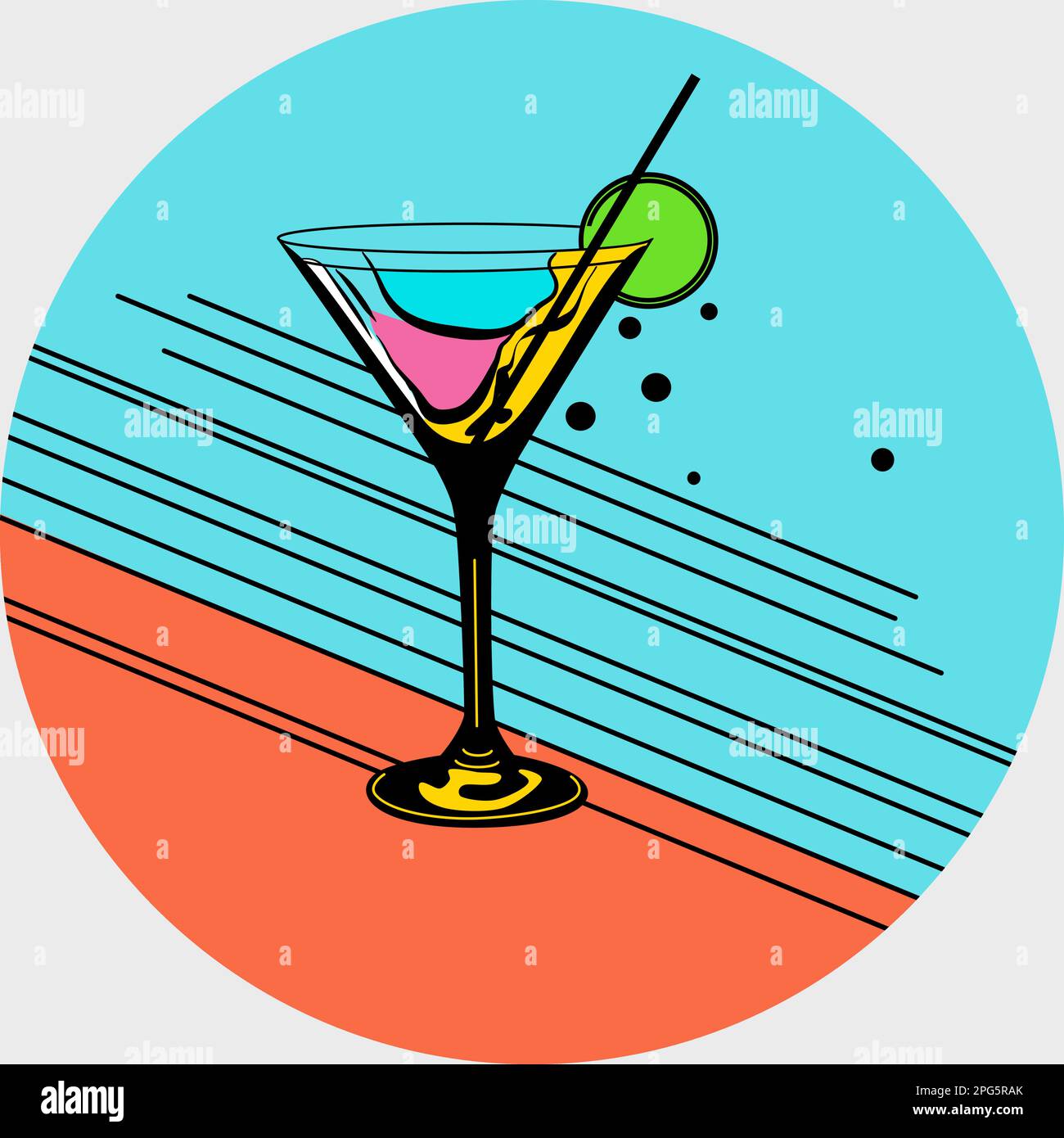 Martini-Glas mit Cocktail in postmoderner Pop-Art-Technik-Vektordarstellung Stock Vektor