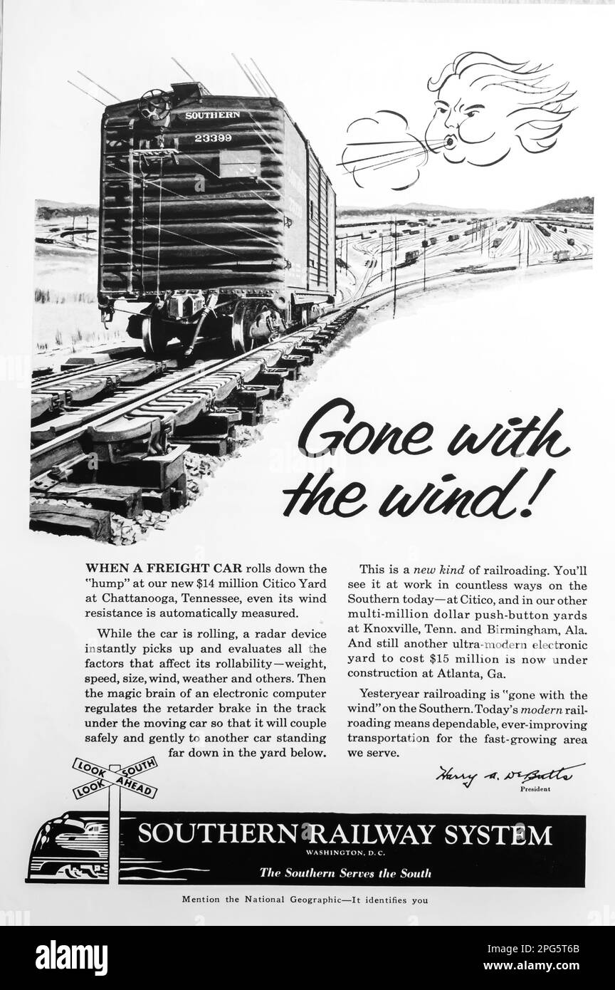 Anzeige für das südliche Eisenbahnsystem in einem NatGeo Magazin, 1956 Stockfoto