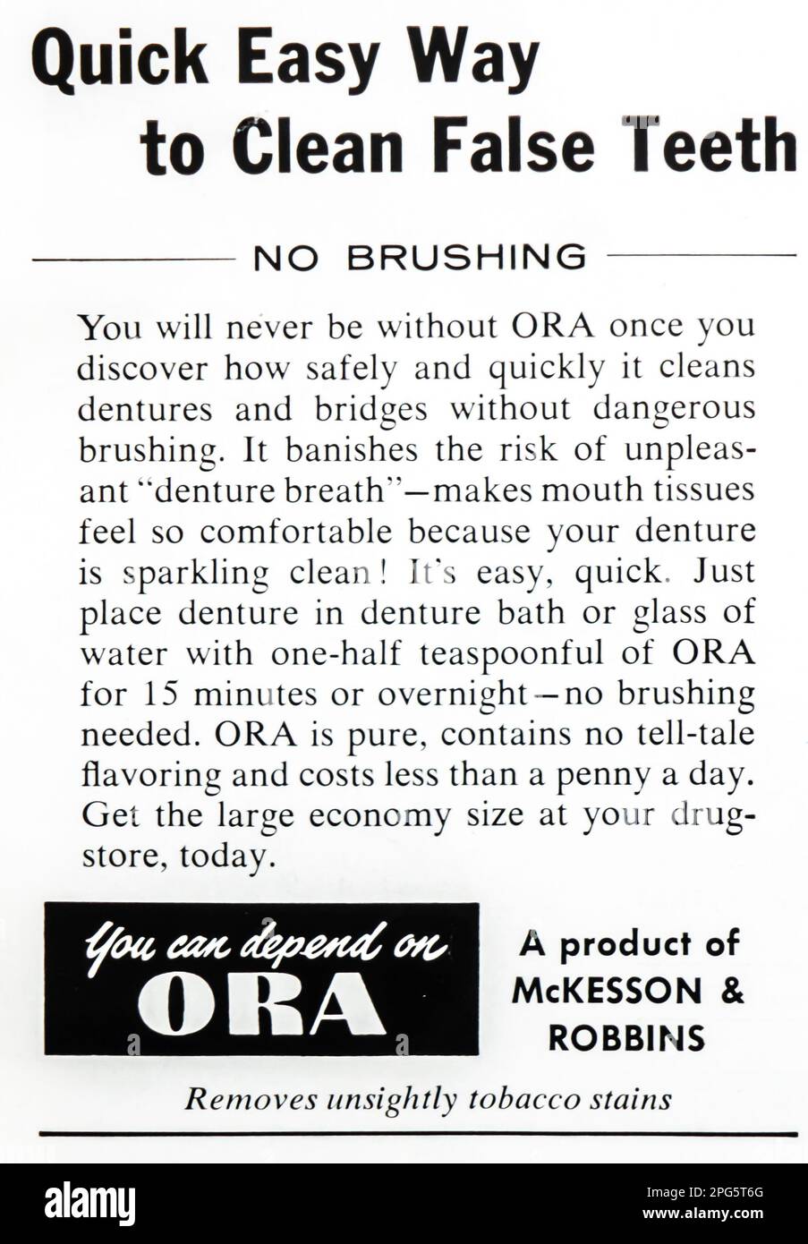 ORA Falschzahnreiniger-Werbung in einer NatGeo-Zeitschrift, 1956 Stockfoto