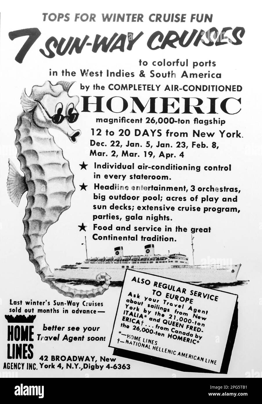 Home Line Homeric Cruises Werbespot in einer Zeitschrift NatGeo, 1956 Stockfoto