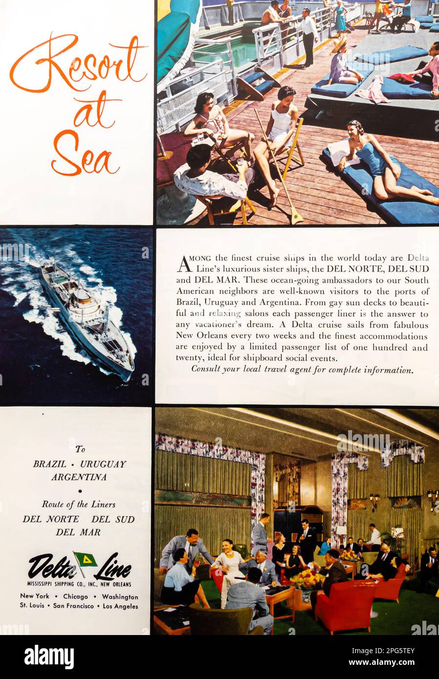 Kreuzfahrtanzeige der Delta Line in einer Zeitschrift von NatGeo, 1956 Stockfoto
