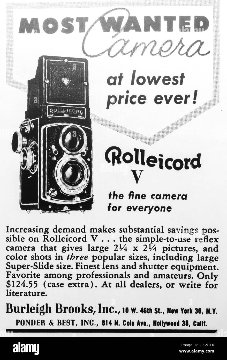 Rolleicord 5-Kamerawerbung in einer Zeitschrift NatGeo, 1956 Stockfoto