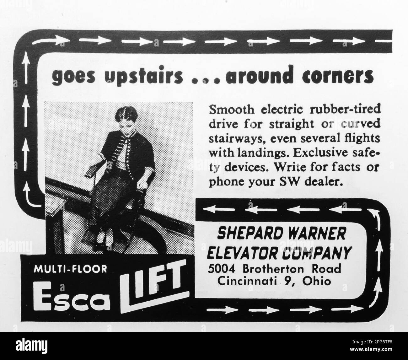 Shepard Esca Liftwerbung in einem NatGeo Magazin, 1956 Stockfoto