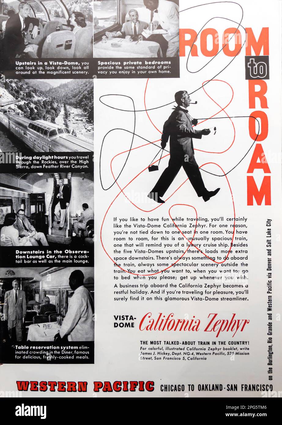 Vista-dome California Zephyr – Anzeige im westlichen Pazifik in einer Zeitschrift in NatGeo, Dezember 1956 Stockfoto