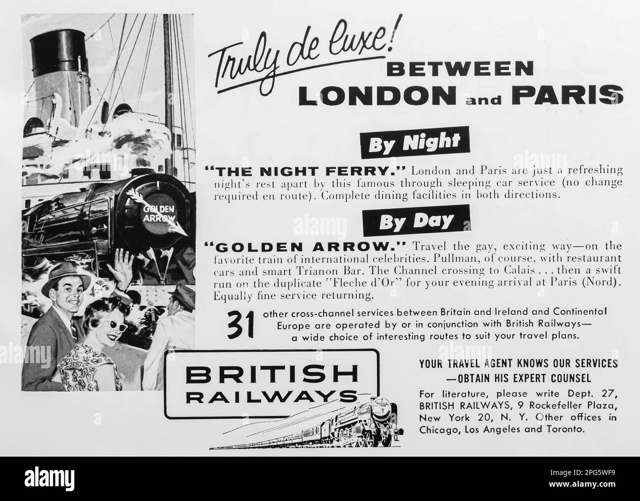 British Railways Travel between London and Paris – Werbung in einer Zeitschrift NatGeo, Dezember 1956 Stockfoto