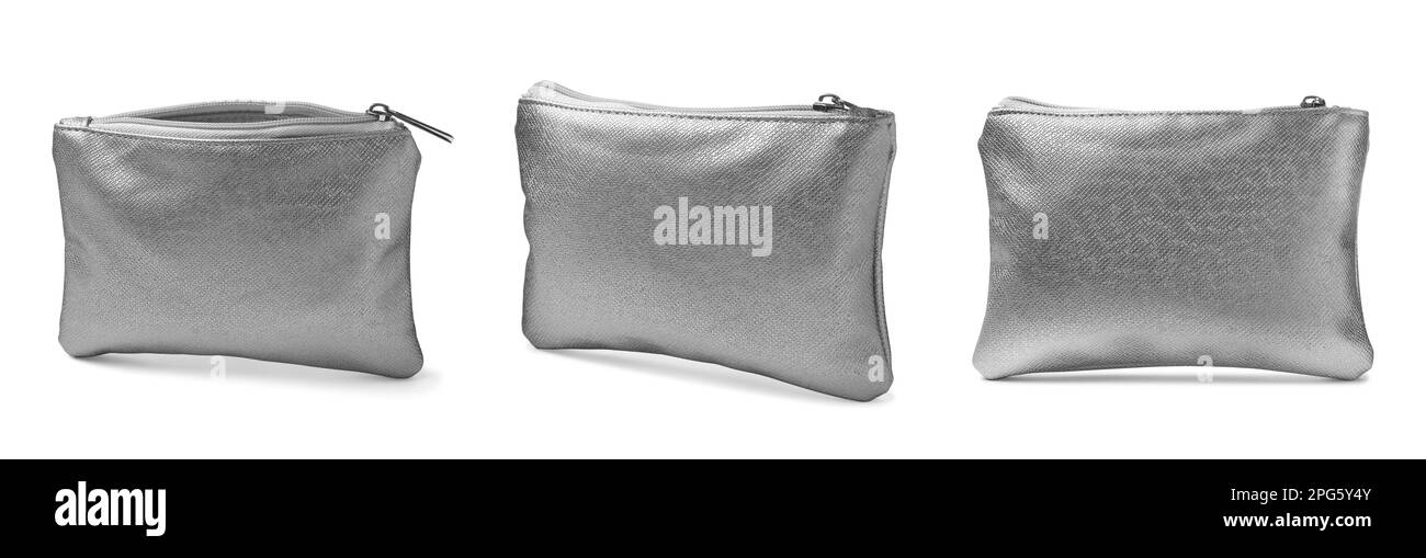 Set mit stilvollen Kosmetikbeuteln auf weißem Hintergrund. Bannerdesign Stockfoto