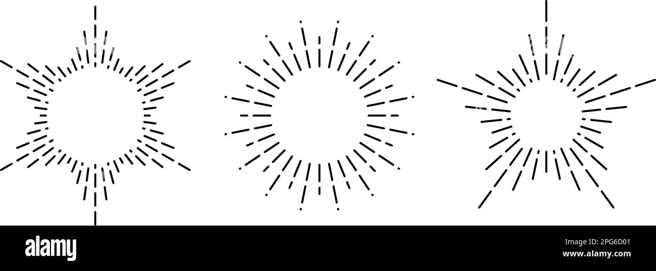 Retro-Sonnenschein-Rahmensatz. Klassische Sonnenstrahlkollektion. Stilisiertes Sonnenlicht, radiale Strahlen, Sonnenstrahlen, Feuerwerk, Explosionssymbole. Vektorkonstruktionselemente Stock Vektor