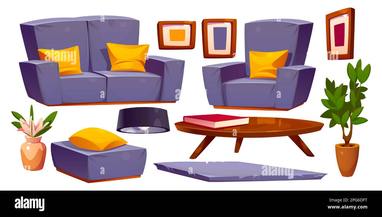 Isoliertes Haus Wohnzimmer Innendesign Cartoon Vektordarstellung. Modernes Sofa, Sessel und Tisch mit Teppichlandschaft für ein flaches Wohnzimmer auf weißem Hintergrund. Minimalismus-Apartment drinnen. Stock Vektor