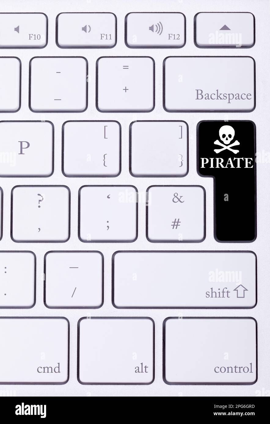 Tastatur mit Piratenwort und Symbol. Unzulässiger Download und Torrent Stockfoto