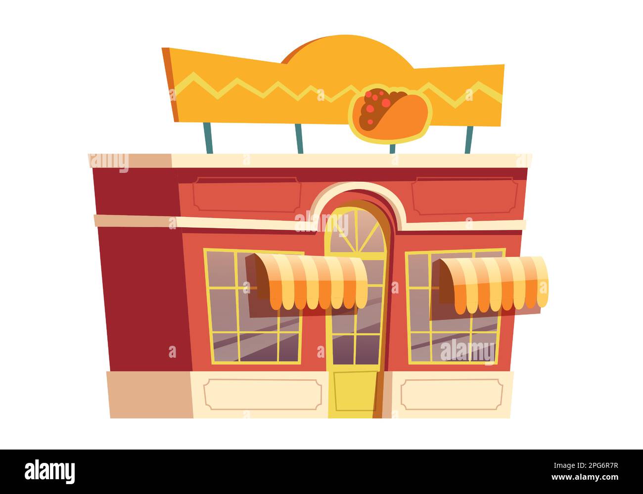 Mexikanisches Fast Food-Restaurant mit Cartoon-Vektordarstellung. Fassade eines Lebensmittelgeschäfts und eines Cafés oder Bistros mit Taco-Schild. Kleines, weißes Geschäftsgebäude in der Stadt Stock Vektor