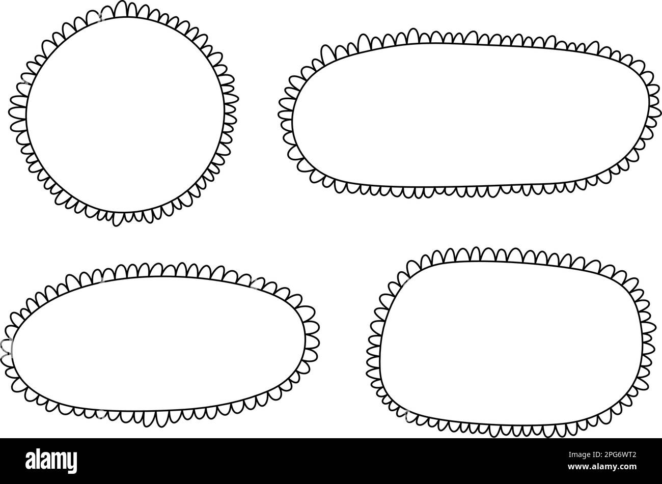 Doodle Circle und quadratische Muschelrahmen. Handgezeichnete Rechteck- und Ellipsenformen mit ausgekrümmten Kanten. Einfaches Etikettenformular. Rahmen aus Blumenspitze Stock Vektor