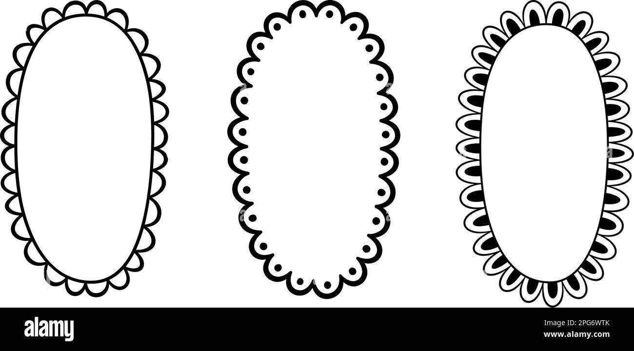 Ovaler Muschelrahmen mit Doodle-Circle-Design. Von Hand gezeichnete Ellipsenformen mit ausgekrümmten Kanten. Einfache runde Etikettenform. Rahmen aus Blumenspitze. Vektor Stock Vektor