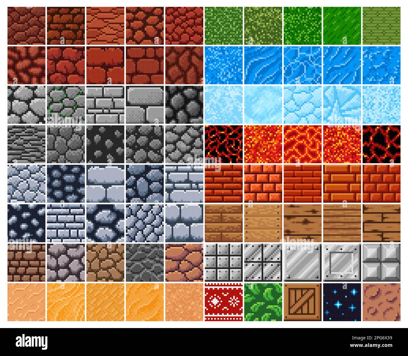 Retro-Oberflächenmuster mit 8 Bit Pixeln, Stein-, Ziegel- und Holzkiste, Sand- und Metallvektorfliesen. Stein, Gras, Wasser, Eis und Lava in 8bit Pixel, Muster Stock Vektor