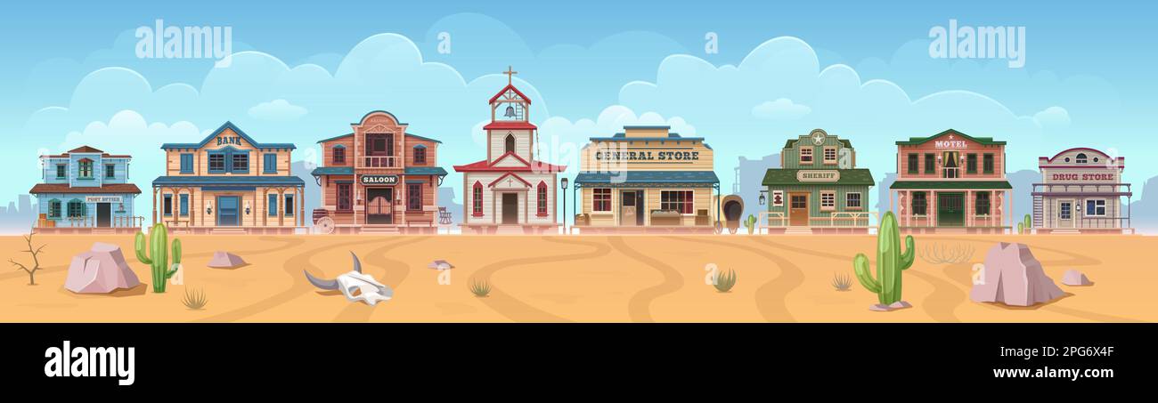 Die Western Wild West Town Cartoon-Gebäude. Skyline von Vector Texas mit Saloon, Kirche oder Bank, Bar, Motel mit Gemischtwarenladen, Sheriff und Post Stock Vektor