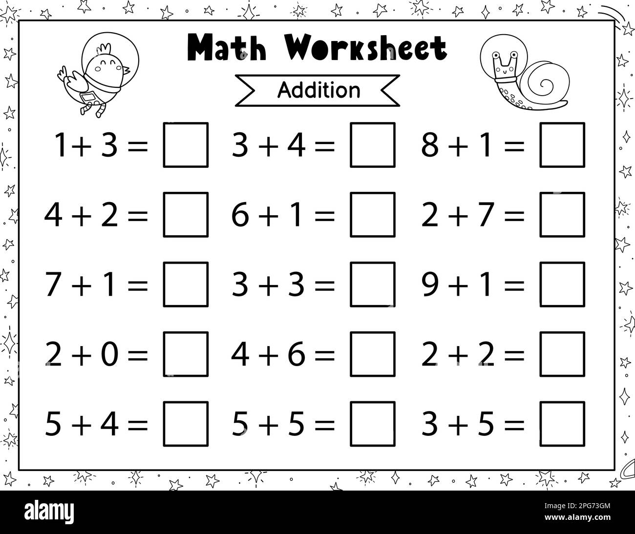 Mathematisches Arbeitsblatt für Kinder. Addition und Subtraktion. Mathematische Aktivitätsseite für Schwarzweiß-Leerzeichen Stock Vektor