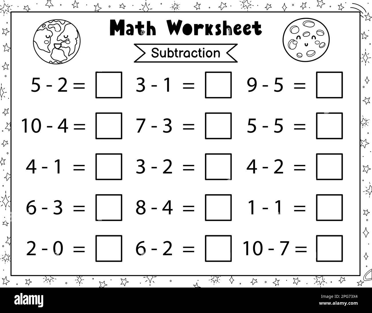 Mathematisches Arbeitsblatt für Kinder. Subtraktion. Mathematische Aktivitätsseite für Schwarzweiß-Leerzeichen Stock Vektor