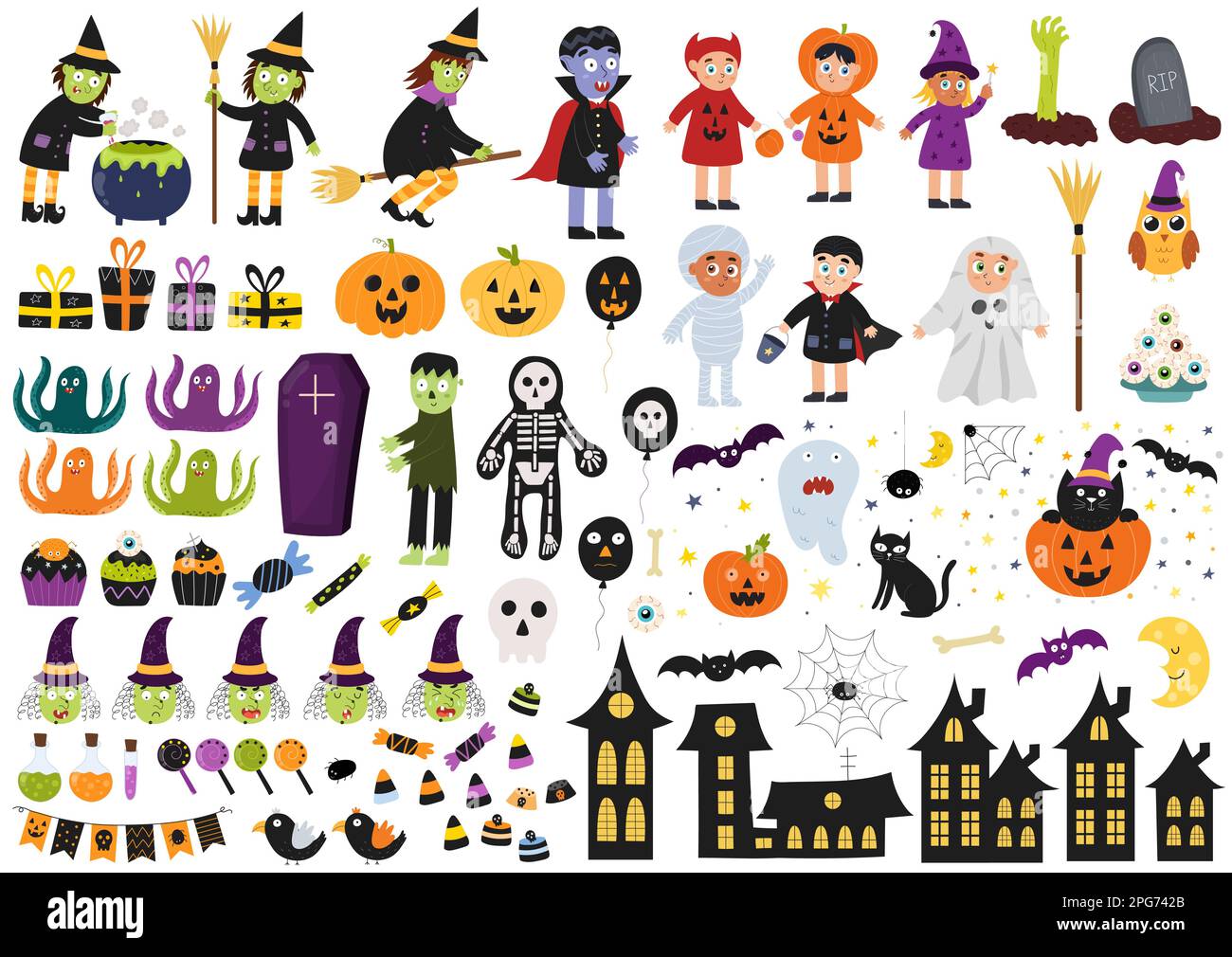 Halloween-Elemente-Set. Große Sammlung mit Hexen, Kindern in Kostümen. Halloween-Clipart-Bündel. Stock Vektor