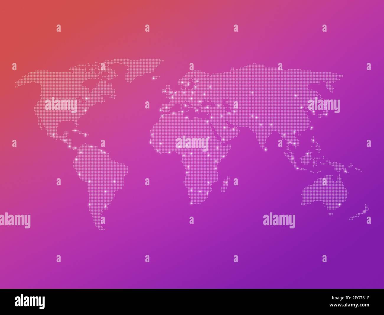 Gepunktete Weltkarte mit vielen hervorgehobenen Hauptstädten auf einem leuchtend orangefarbenen bis violetten Hintergrund. Moderne, saubere und farbenfrohe Weltkarte. Stockfoto