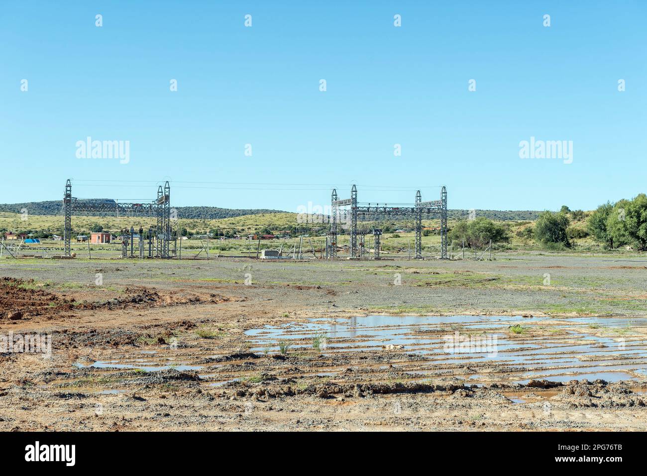 Ein durch den Staudamm zerstörtes Umspannwerk in Jagersfontein in der Freistaat-Provinz Stockfoto