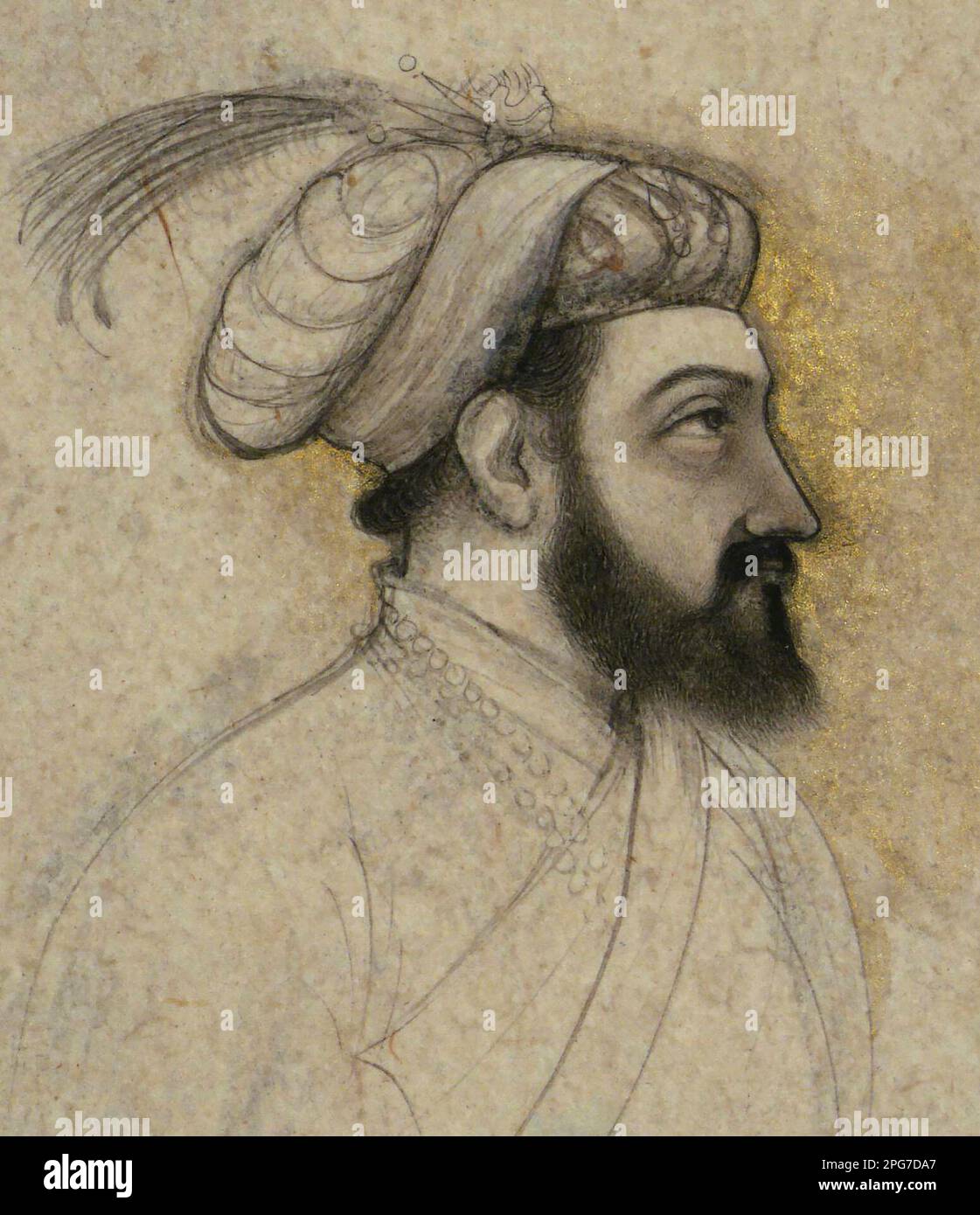 Indien: Portrait des Mogul-Kaisers Shah Jahan (5. Januar 1592 - 22. Januar 1666) eines unbekannten indischen Künstlers, Mitte des 17. Jahrhunderts. Shah Jahan war von 1628 bis 1658 Kaiser des Mogul-Reiches auf dem indischen Subkontinent. Der Name Shah Jahan stammt aus Persisch und bedeutet „König der Welt“. Er war der fünfte Mogul-Kaiser nach Babur, Humayun, Akbar und Jahangir. Die Zeit seiner Herrschaft war das goldene Zeitalter der Mogul-Architektur. Shahanshah Shah Jahan errichtete viele herrliche Denkmäler, von denen das berühmteste das legendäre Taj Mahal in Agra ist, das als Grab für seine Frau, Kaiserin Mumtaz Mahal, errichtet wurde Stockfoto