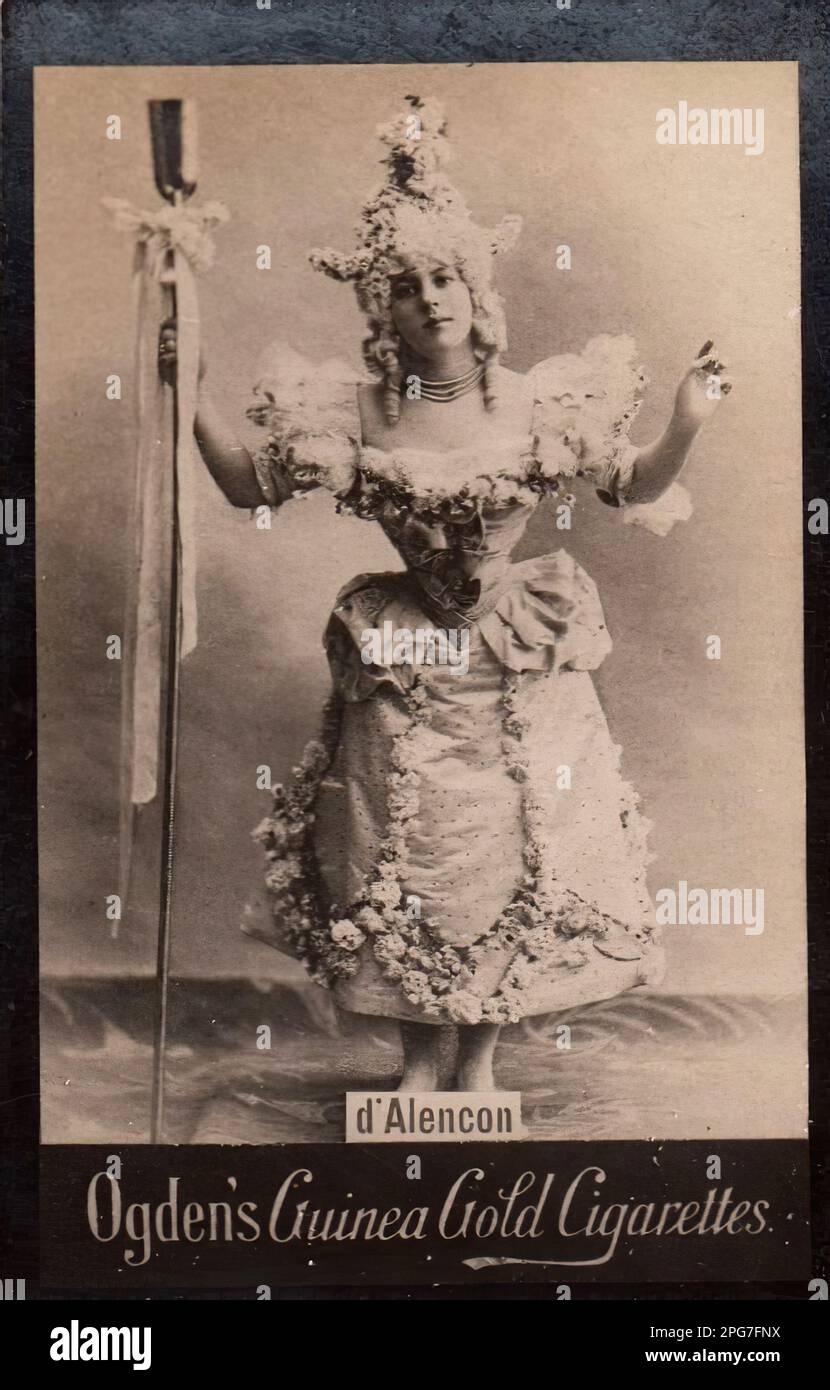 Porträt der Schauspielerin d'Alencon - Oldtimer-Zigarettenkarte aus der viktorianischen Epoche Stockfoto