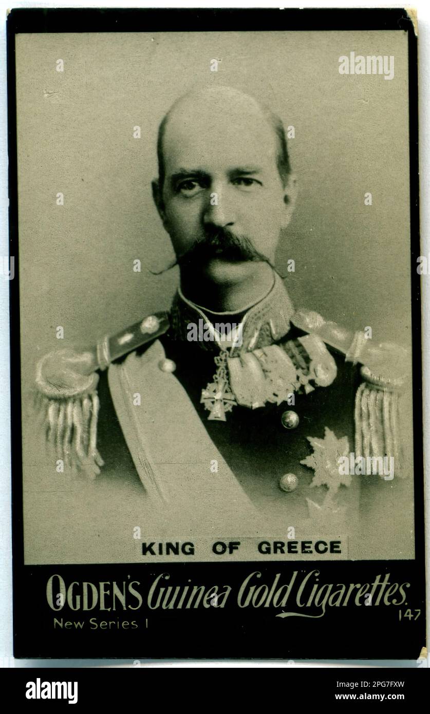 Portrait des Königs von Griechenland - Alte Zigarettenkarte, viktorianische Ära Stockfoto