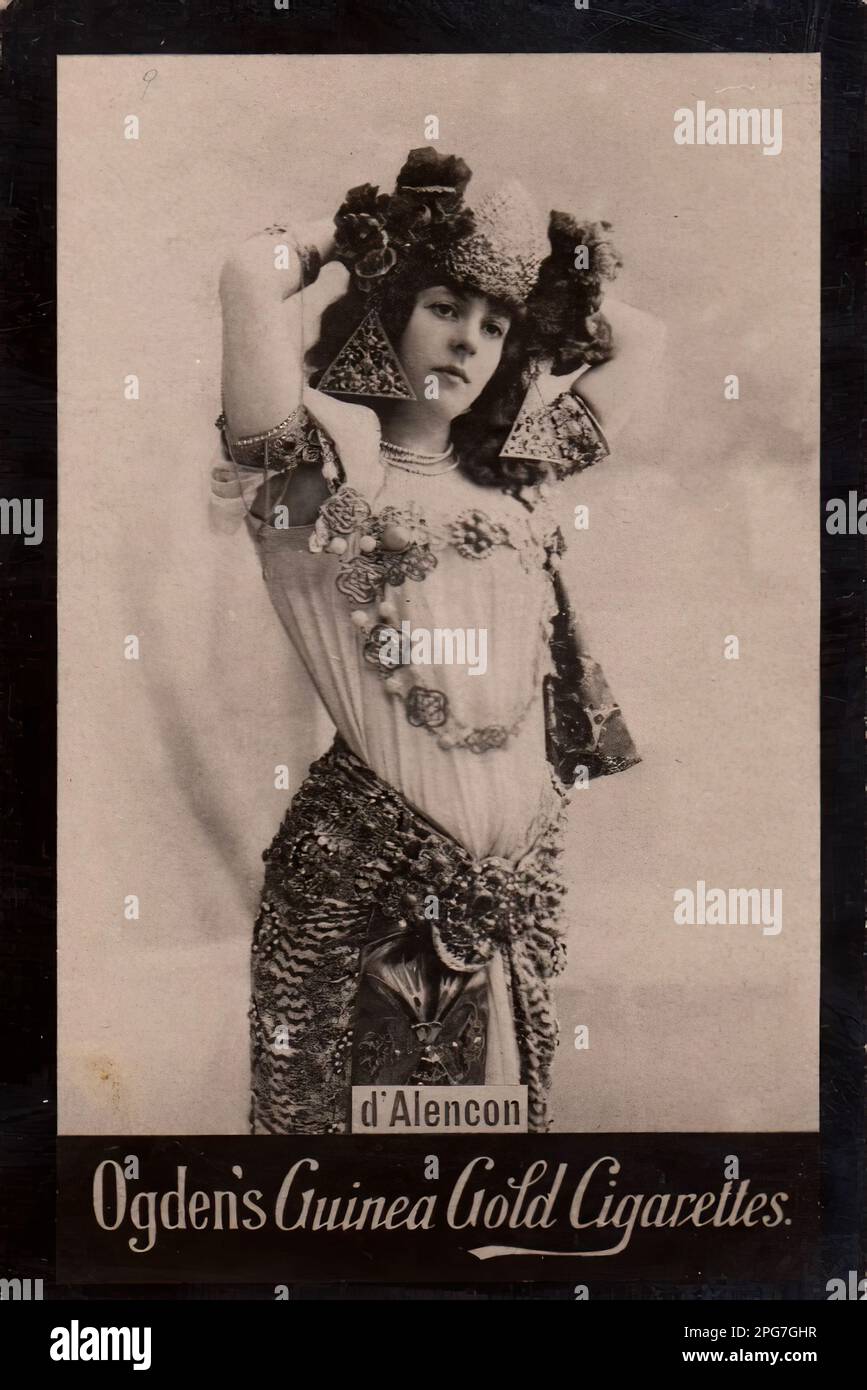 Porträt der Schauspielerin d'Alencon - Oldtimer-Zigarettenkarte aus der viktorianischen Epoche Stockfoto