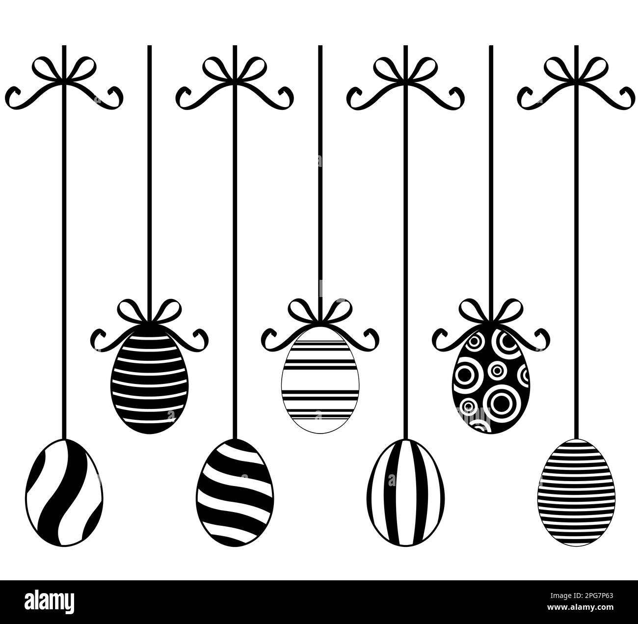 Set mit verschiedenen hängenden Ostereiern, isoliert auf Weiß Stockfoto