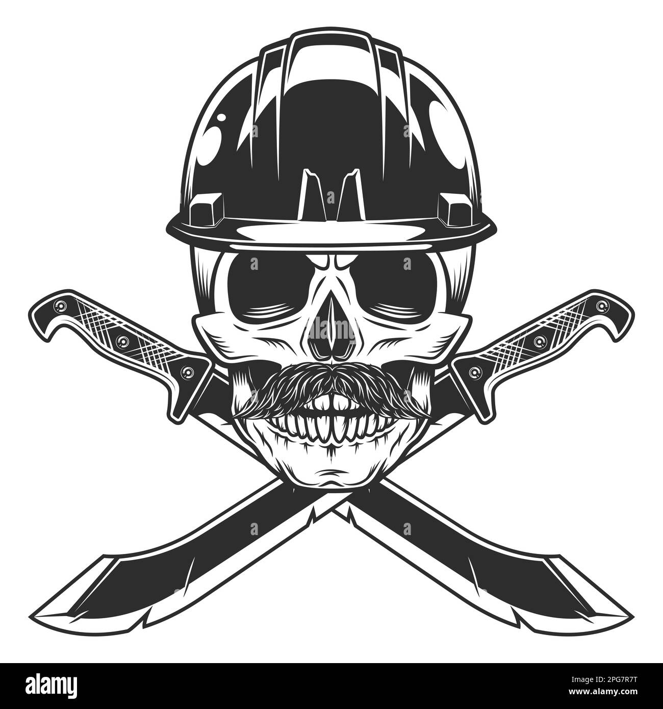 Schädel im Bau Helm und Schnurrbart mit gekreuztem Machete scharfem Messer und Band. Die Jägerwaffe im Dschungel. Schwarz auf Weiß Stockfoto