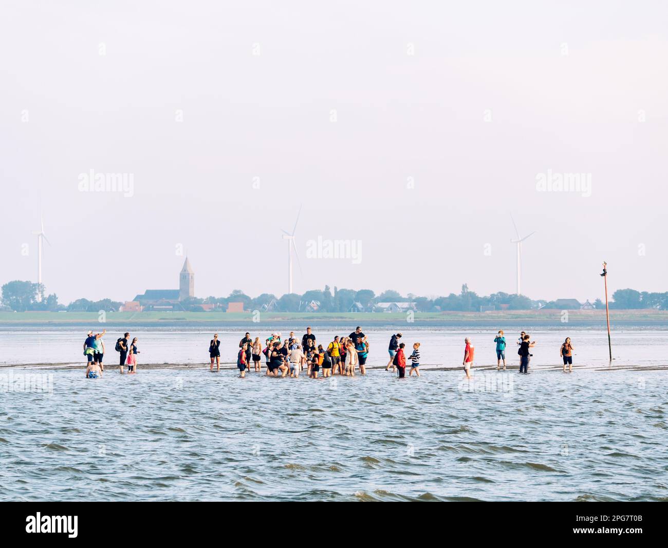 Gruppe von Personen Sandplanwandern auf dem Wattenmeer bei Ebbe vor der Küste von Den Oever, Nordholland, Niederlande Stockfoto