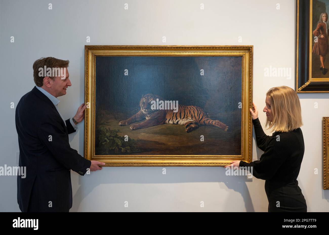 Bellmans, London, Großbritannien. 21. März 2023 Zu den Höhepunkten der Auktion der Bellmans Old Master, britischen und europäischen Gemälde am 28. März gehören: Nach George Stubbs, Portrait des Royal Tiger, geschätzt 10.000 bis 15.000 Pfund. Kredit: Malcolm Park/Alamy Live News Stockfoto