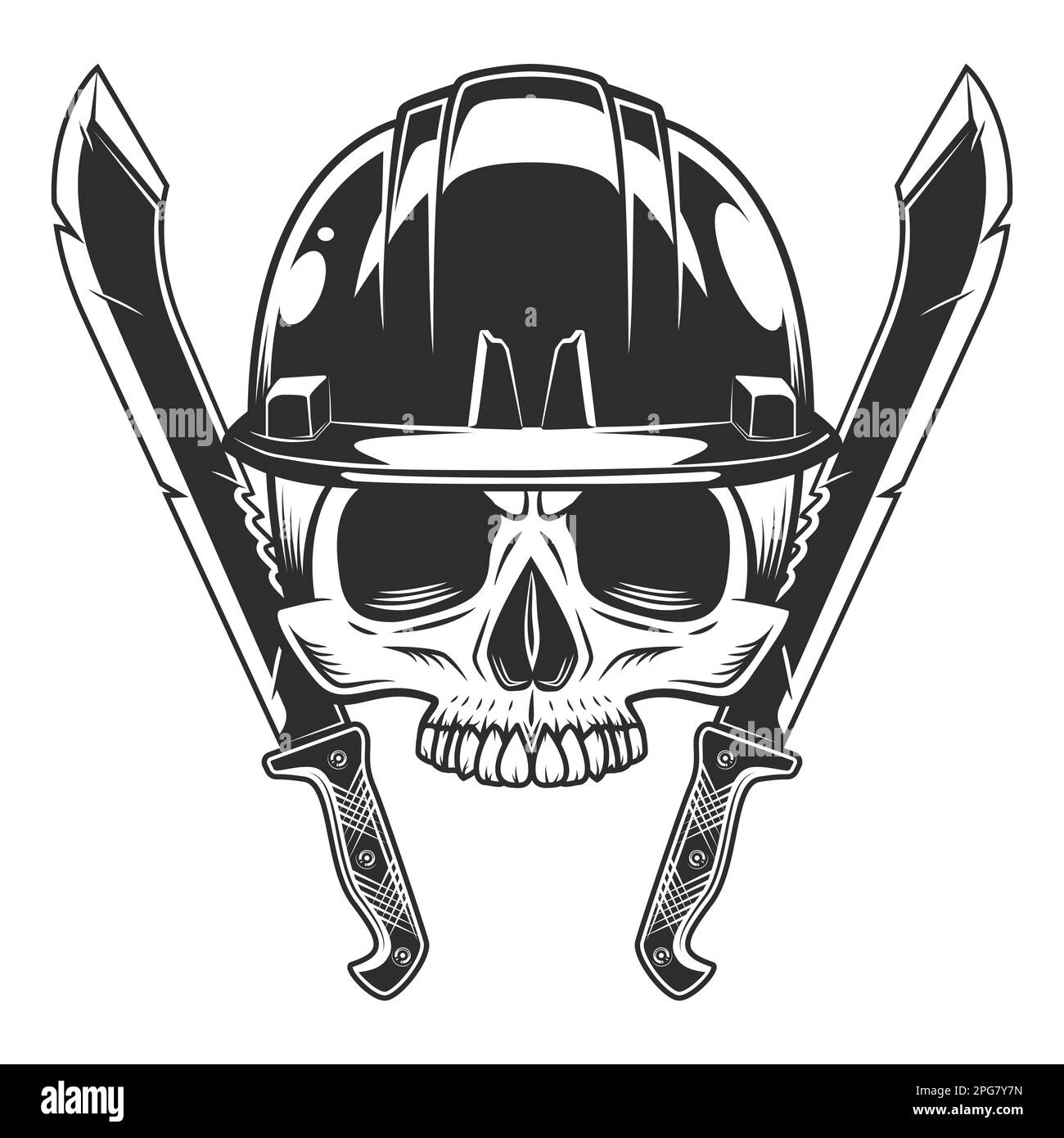 Schädel ohne Kiefer im Bau Schutzhelm mit gekreuztem scharfem Messer und Band aus Machete. Die Jägerwaffe im Dschungel. Schwarz auf Weiß Stock Vektor