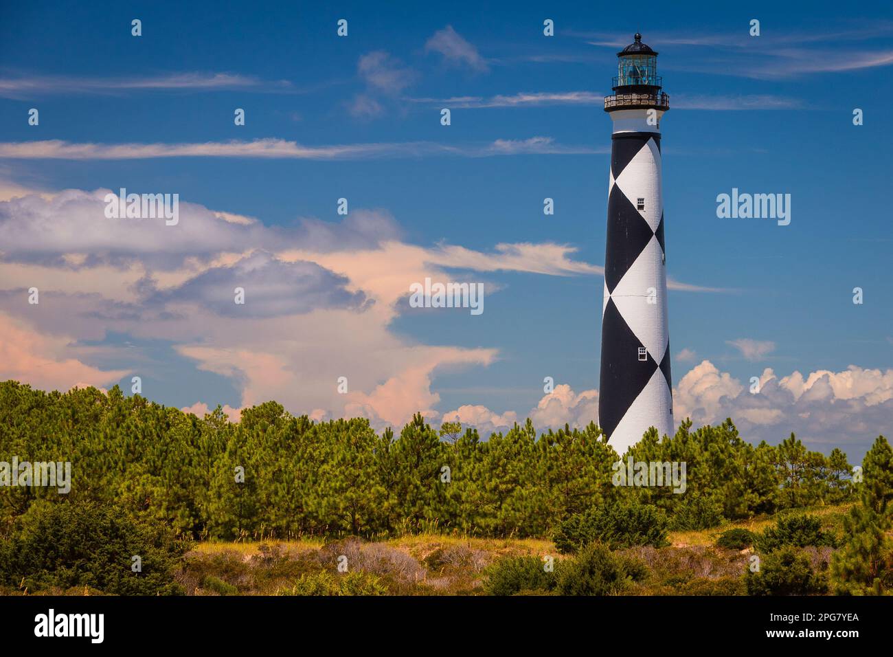 Ein schwarz-weißer Leuchtturm steht im Kontrast zum üppigen Grün Stockfoto