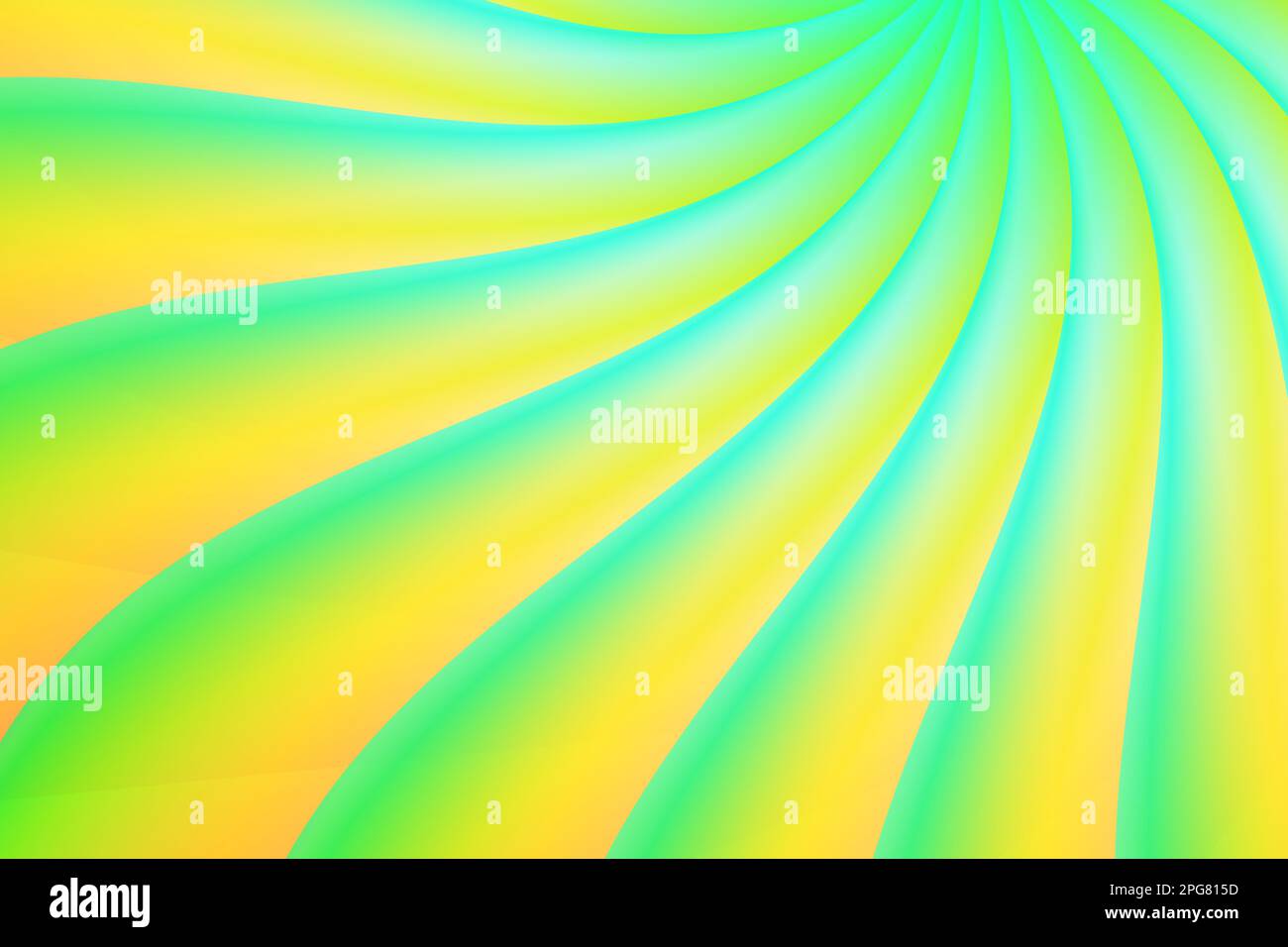 Abstrakter gelber und grüner Hintergrund mit glatten Linien in Form von Spiralen. Ein Haufen wellenförmiger, grün-blauer, abstrakter Flügelmuster auf dem Hintergrund Stockfoto