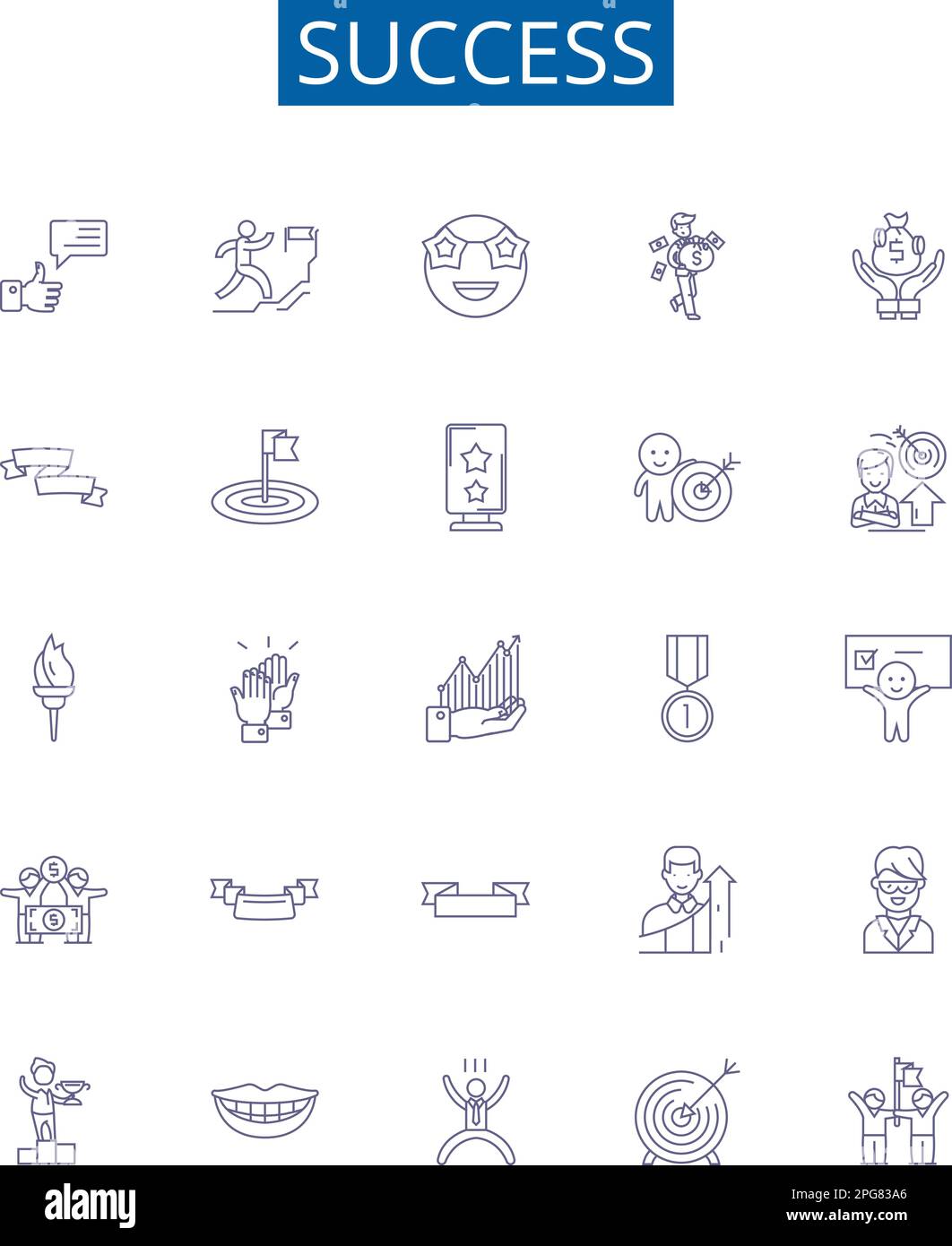 Symbole in der Erfolgszeile sind gesetzt. Design-Kollektion von Achieve, Triumph, Prosper, Achievate, Victory, Überzeugender, herausragender, blühender Konturvektor Stock Vektor