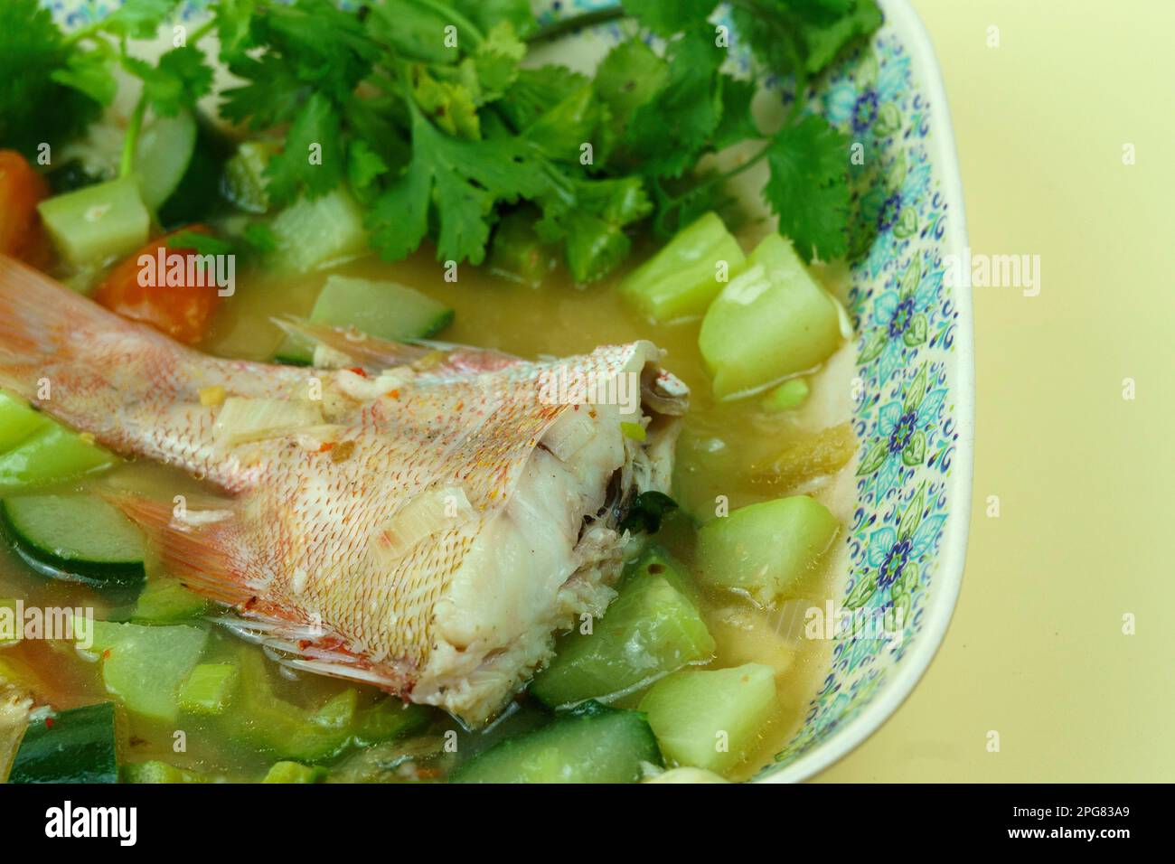 Rote Schnapper-Suppe mit bitterer Melone, Gurke und Chayote und verschiedenen Kräutern, serviert auf dem Teller. Im Studio erschossen. Stockfoto